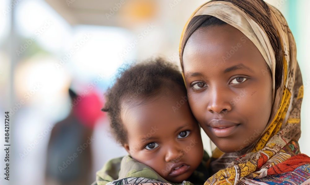 photo of african mother holding baby at hospital entrance, both smiling warmly into camera, blurred background to emphasize expressions, soft natural lighting photo of african mother holding baby at hospital entrance, both smiling warmly into camera, blurred background to emphasize expressions, soft natural lighting