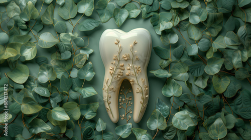 Artistic dental care concept with tooth surrounded by green leaves symbolizing natural and holistic dental health.