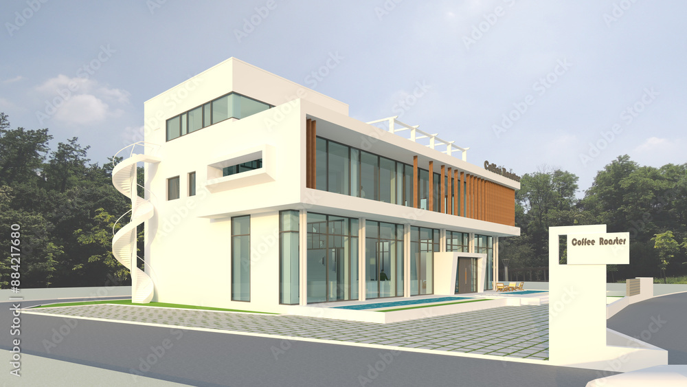 modern building in the city, the perspective view of a modern cafe building with large glass windows, vertical wooden slats for design and shading, and a rooftop terrace modern building in the city, the perspective view of a modern cafe building with large glass windows, vertical wooden slats for design and shading, and a rooftop terrace