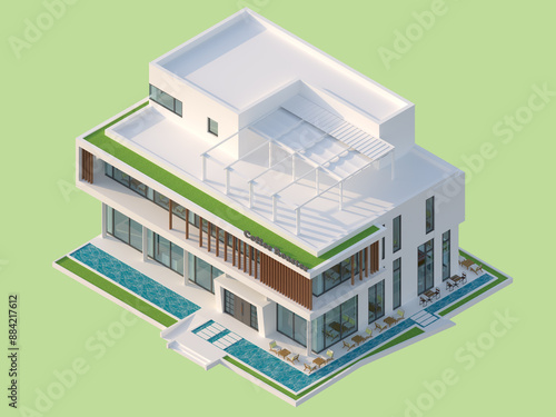 3d render of a modern building with a roof, an isometric view of a modern, multi-story building with a rooftop terrace and extensive use of glass windows