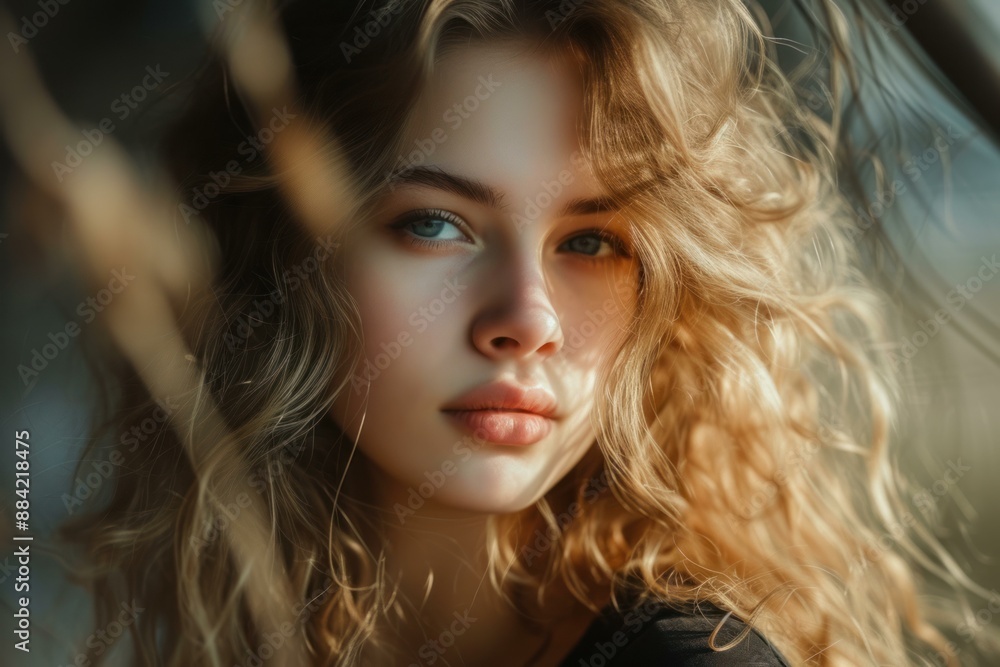 Close-up portrait of a young woman with radiant curly hair, adding charm to her mysterious look Close-up portrait of a young woman with radiant curly hair, adding charm to her mysterious look