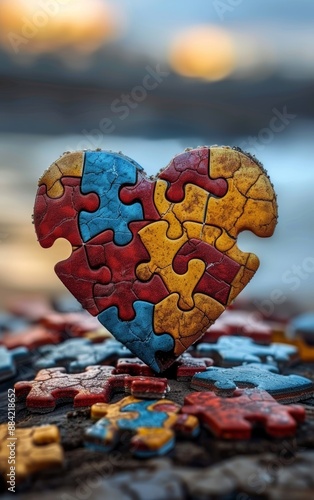 National Autism Awareness Month, love and connection, and autism awareness puzzle pieces making a heart