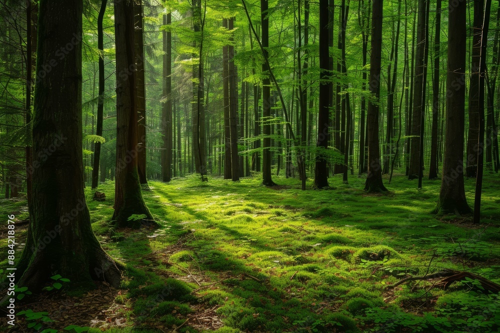 Tranquil Beautiful trees in forest at morning. Scene nature color beauty. Generate Ai Tranquil Beautiful trees in forest at morning. Scene nature color beauty. Generate Ai