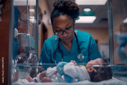 A black nurse in a blue scrubs checks on a newborn baby in an incubator in a hospital neonatal unit.