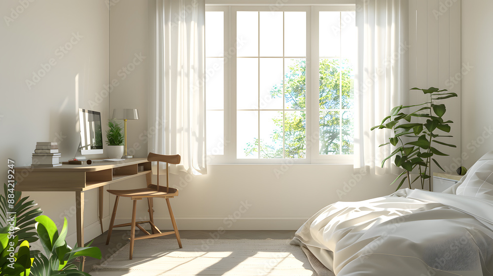 Fototapeta premium A room with a desk and a plant in front of a window