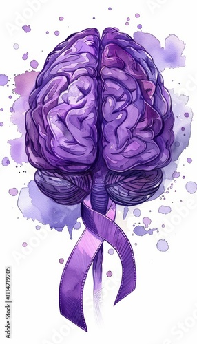 Purple ribbon-adorned brain image, Alzheimer's and Brain Awareness Month, raising awareness and educating