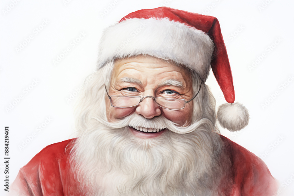 Naklejka premium Realistic portrait of Santa Claus with a warm smile, wearing traditional red suit and hat with white fur trim, isolated on a white background, perfect for Christmas and holiday themes.