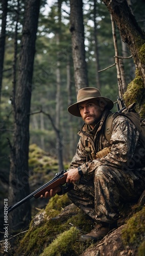 Camouflaged hunter patiently waiting in mountain hideou photo