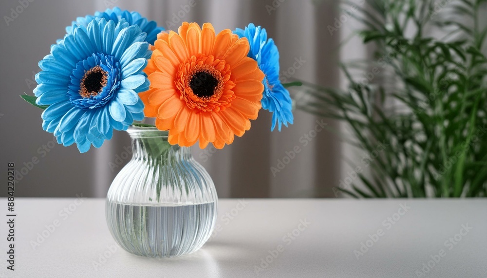 Blue and orange Gerbera Daisy artificial flowers in a glass vase for decoration with copy space Blue and orange Gerbera Daisy artificial flowers in a glass vase for decoration with copy space