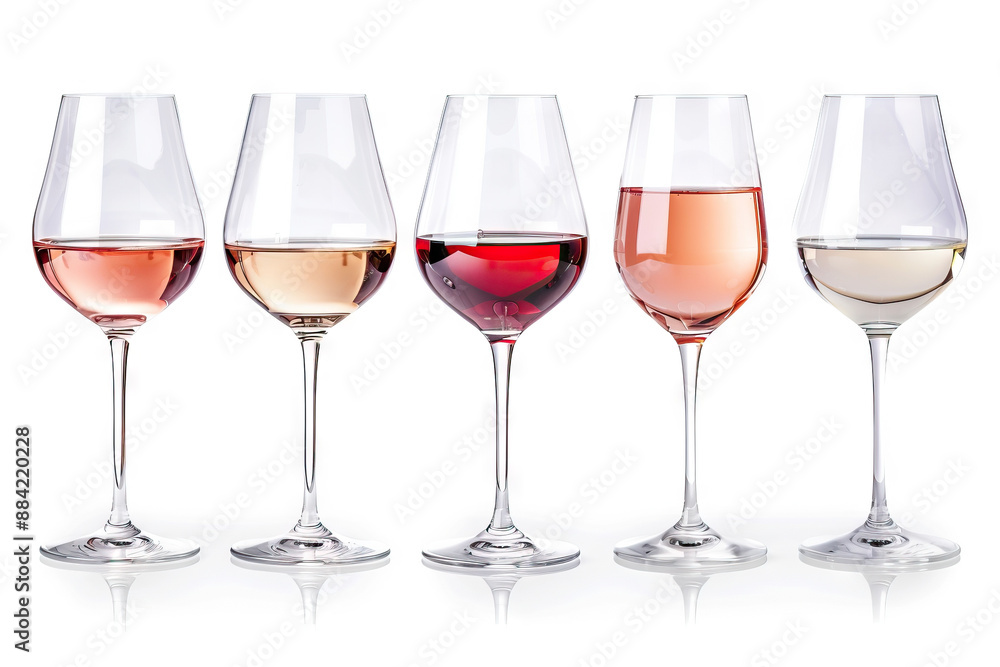 Five assorted wine glasses filled with white, rosé, and red wine, aligned in a row against a white background, showcasing the variety of wine options. Five assorted wine glasses filled with white, rosé, and red wine, aligned in a row against a white background, showcasing the variety of wine options.