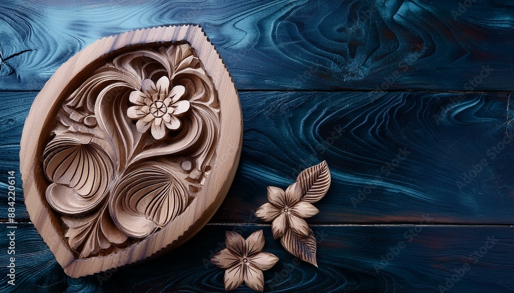 Holiday greetings wood carving on a wooden background with copy space Holiday greetings wood carving on a wooden background with copy space