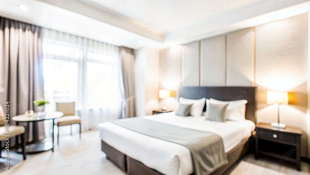 Hotel Room Blur - A softly blurred hotel room interior with a comfortable bed and amenities.
Hotel Room Blur - A softly blurred hotel room interior with a comfortable bed and amenities.