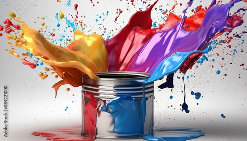 Paint can splash on white background. Paint can splashing RGB colors printing concept image. 3D colorful paint splashing out of can. 3D realistic illustration.