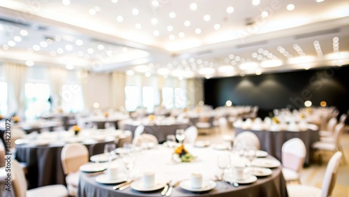 Banquet Hall Blur - A softly blurred banquet hall setting with tables set for an event.
