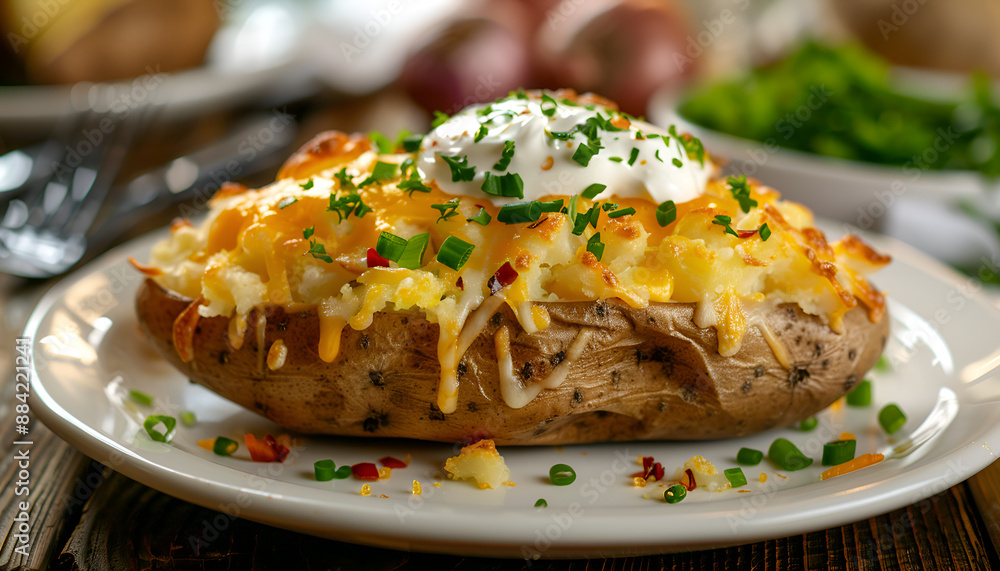Baked potato filled with sour cream on white plate on wooden table Baked potato filled with sour cream on white plate on wooden table