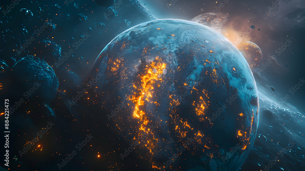 A dystopian solar planet experiencing the effects of dark matter, with strange gravitational anomalies and distortions A dystopian solar planet experiencing the effects of dark matter, with strange gravitational anomalies and distortions