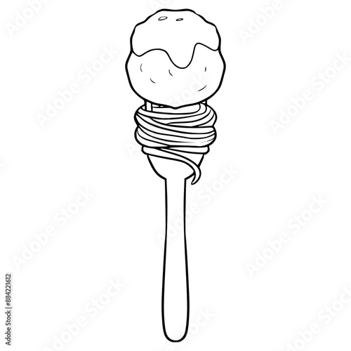 spaghetti and meatballs on a fork illustration hand drawn outline vector