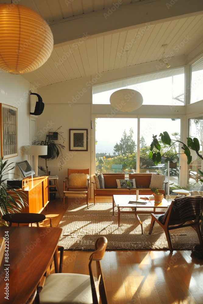 Fototapeta premium Mid-century modern interior, living space, livingroom