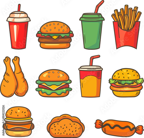Whimsical vector illustration in cartoon style showcasing fast food items like burgers, fries, and beverages.