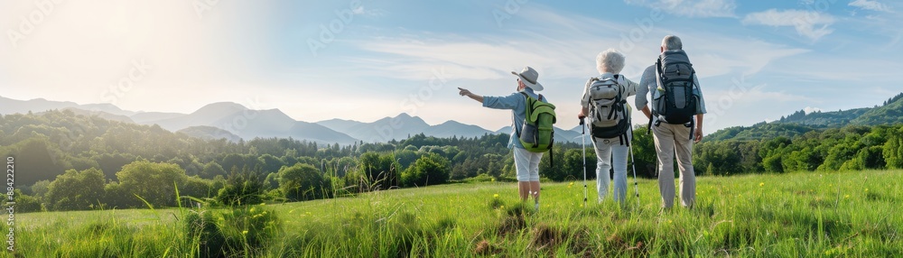 Three people are standing in a grassy field, looking up at the sky Three people are standing in a grassy field, looking up at the sky