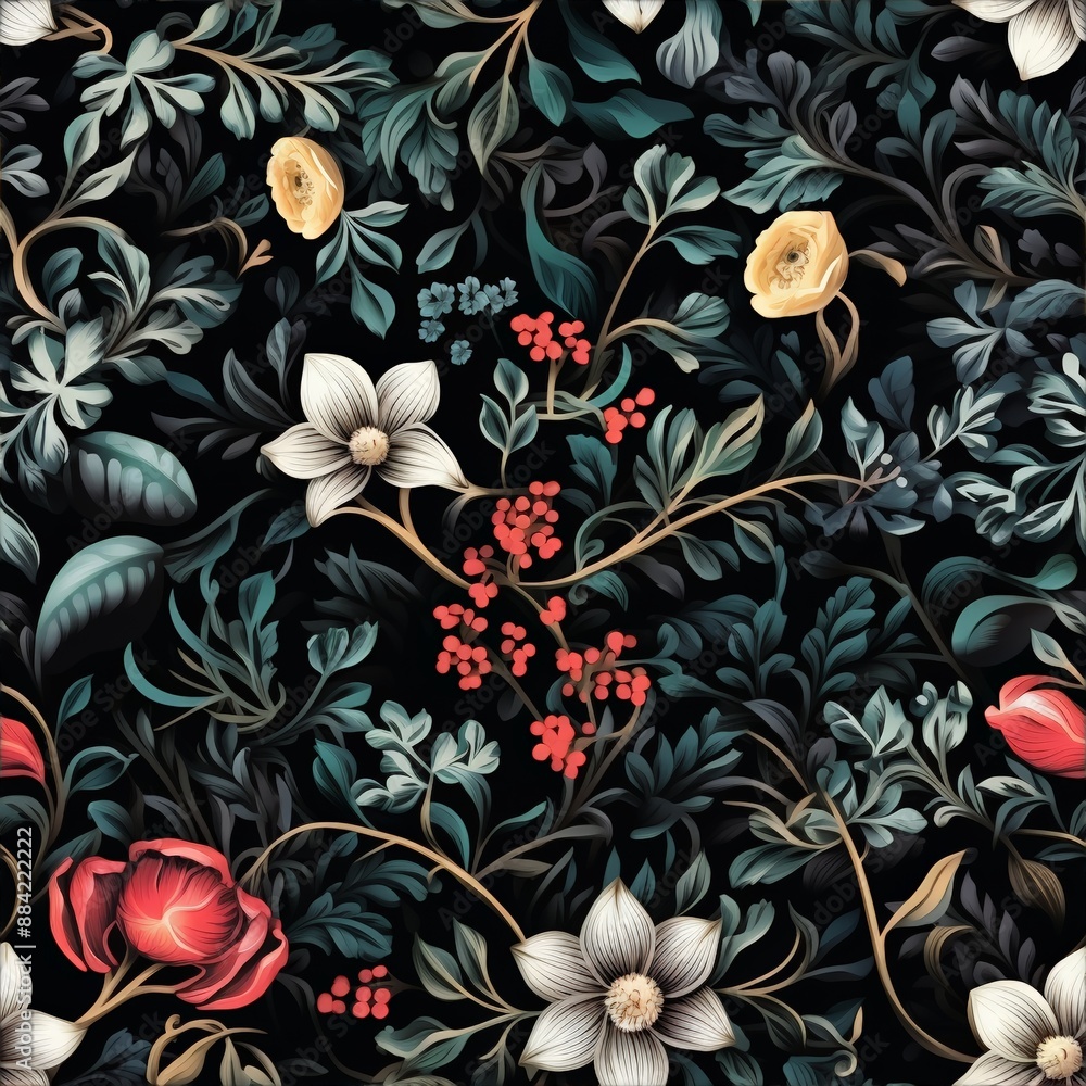 Dark Floral Fantasy Garden with Red and White Flowers and Berries Dark Floral Fantasy Garden with Red and White Flowers and Berries