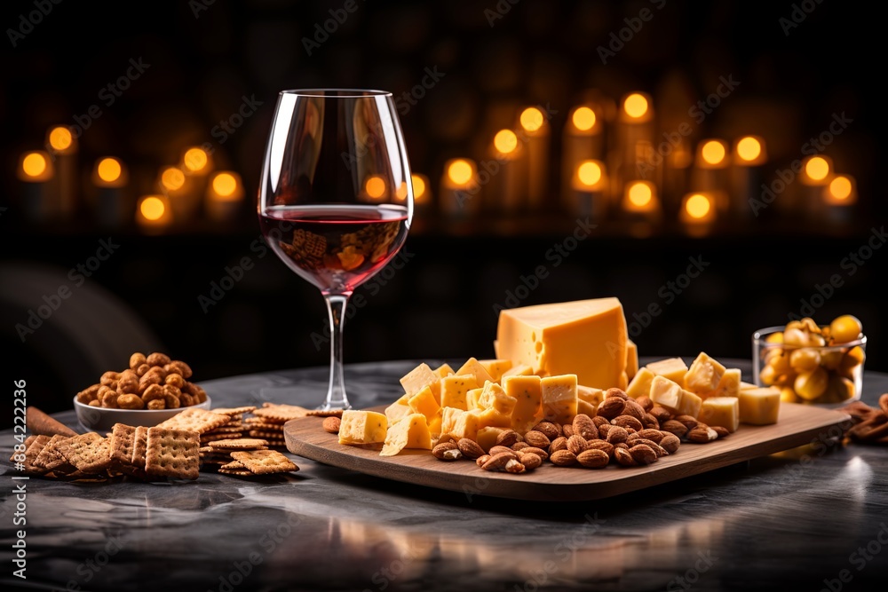Glass of wine with cheddar cheese crackers and nuts on a slate board, dark background Glass of wine with cheddar cheese crackers and nuts on a slate board, dark background
