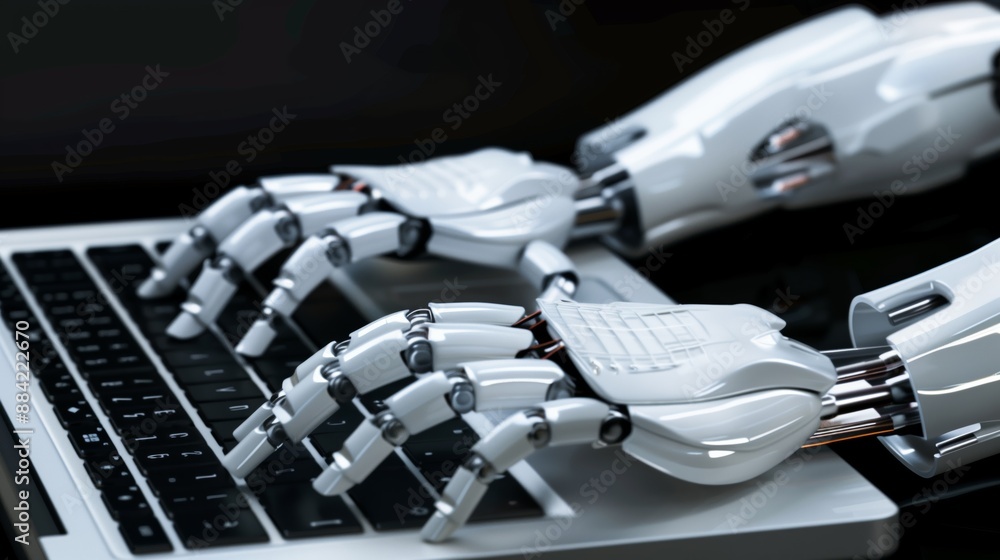 Close-up of robotic hands typing on a laptop, symbolizing artificial intelligence and automation in technology and computing. Close-up of robotic hands typing on a laptop, symbolizing artificial intelligence and automation in technology and computing.