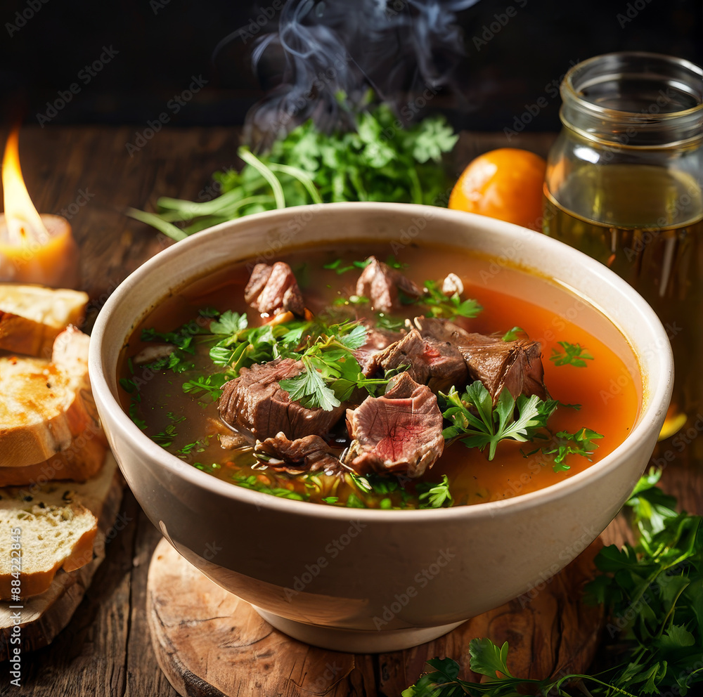 Hearty Beef Broth Soup with Fresh Parsley and Artisan Bread Hearty Beef Broth Soup with Fresh Parsley and Artisan Bread