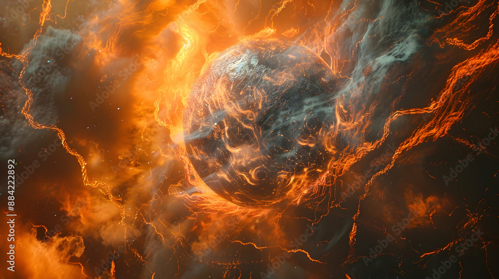 A dystopian solar planet experiencing the effects of dark matter, with strange gravitational anomalies and distortions A dystopian solar planet experiencing the effects of dark matter, with strange gravitational anomalies and distortions
