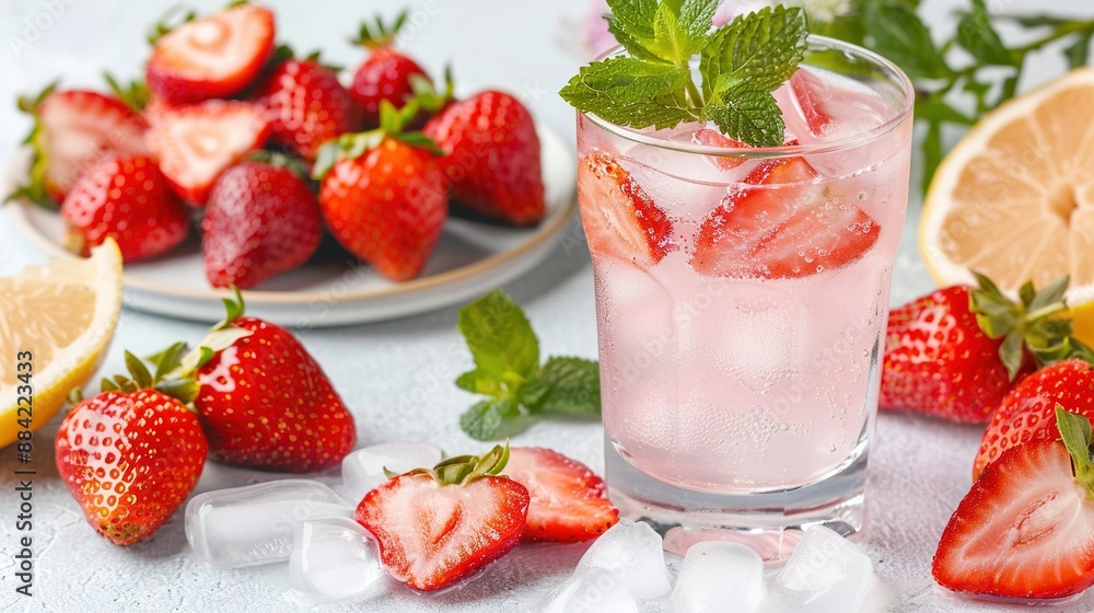 A glass with ice, strawberries, and lemon slices on a table with strawberry plate A glass with ice, strawberries, and lemon slices on a table with strawberry plate