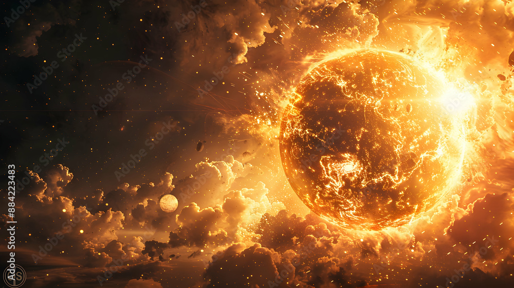 A dystopian solar planet experiencing the effects of a massive coronal mass ejection, with fiery explosions and atmospheric disturbances A dystopian solar planet experiencing the effects of a massive coronal mass ejection, with fiery explosions and atmospheric disturbances