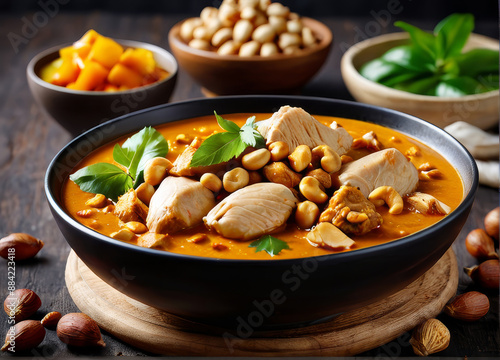 Massaman curry with chicken, roasted peanuts, and a rich, aromatic sauce.