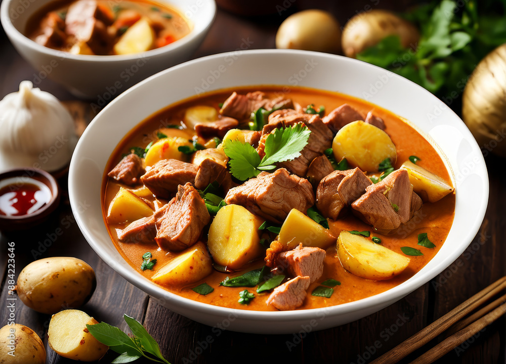Hearty Massaman curry with tender pork, potatoes, and a rich, flavorful broth. Hearty Massaman curry with tender pork, potatoes, and a rich, flavorful broth.