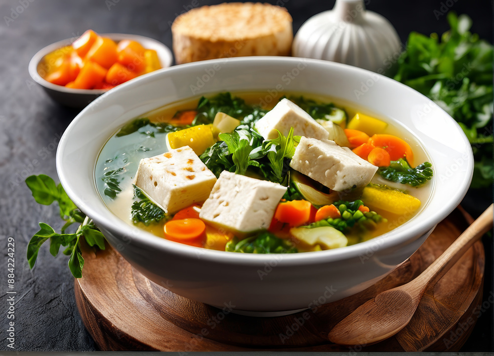 A steaming bowl of clear soup with vegetables and tofu, captured from an overhead view of the full bowl. A steaming bowl of clear soup with vegetables and tofu, captured from an overhead view of the full bowl.