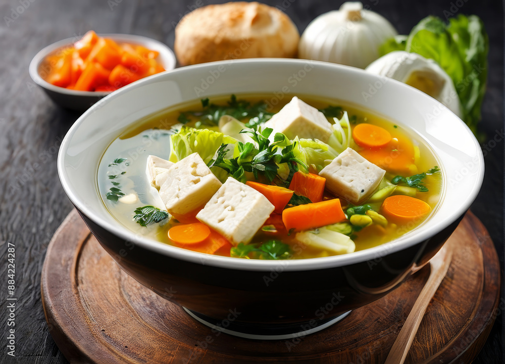 Clear soup with tofu, carrots, and cabbage, taken from a top-down view to show the entire bowl. Clear soup with tofu, carrots, and cabbage, taken from a top-down view to show the entire bowl.