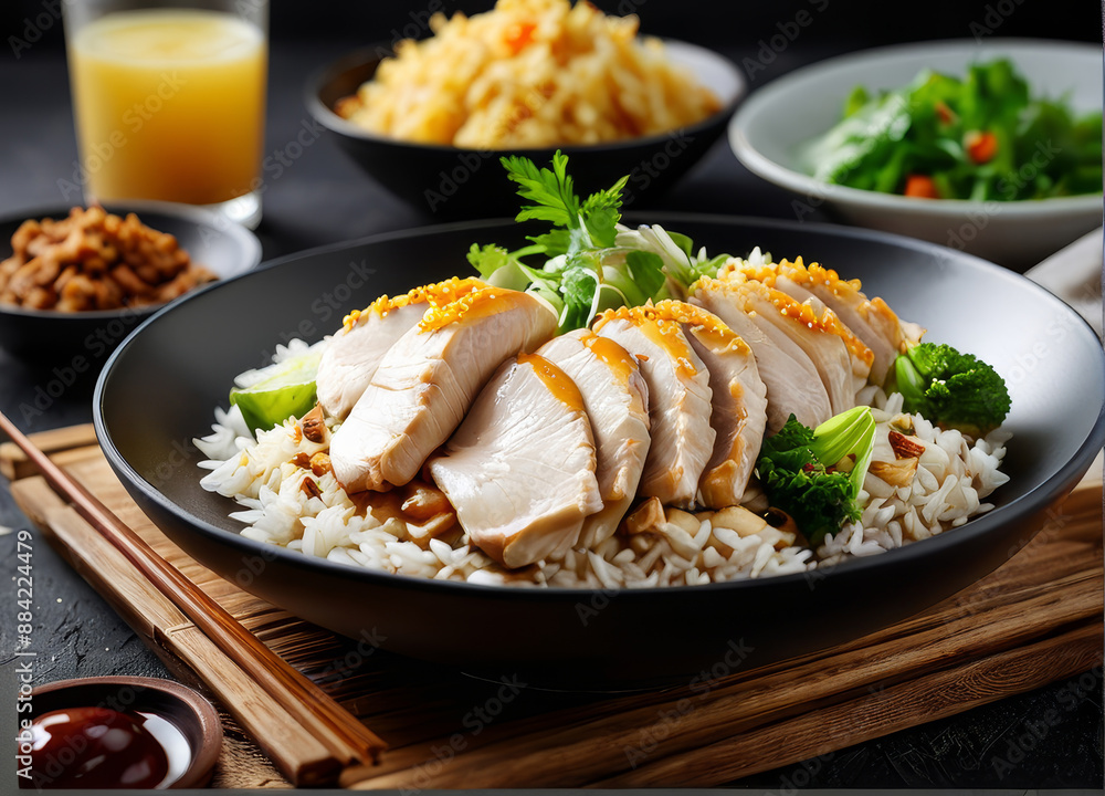 A plate of Hainanese chicken rice with poached chicken, fragrant rice, and dipping sauces, captured from an overhead view of the full plate. A plate of Hainanese chicken rice with poached chicken, fragrant rice, and dipping sauces, captured from an overhead view of the full plate.