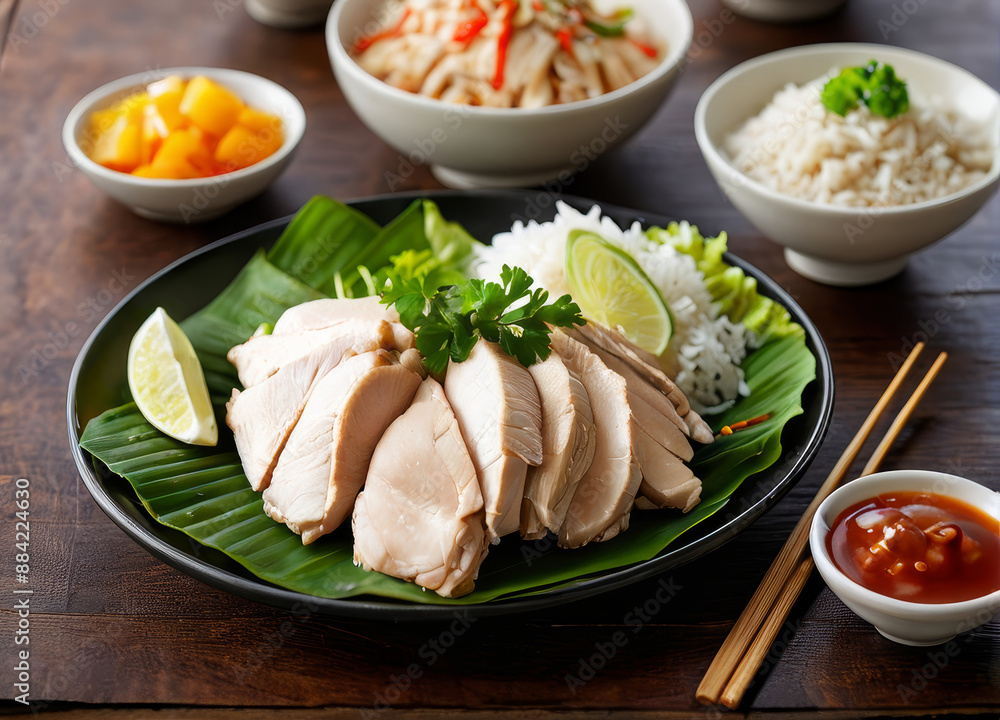 Traditional Hainanese chicken rice with tender chicken and ginger dipping sauce, taken from an overhead view to show the whole plate. Traditional Hainanese chicken rice with tender chicken and ginger dipping sauce, taken from an overhead view to show the whole plate.