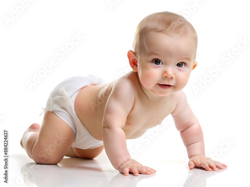 Happy Baby Crawling On White Background.