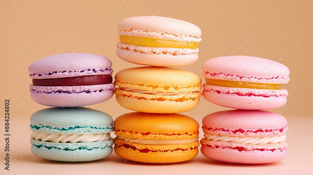 Macaroons stacked on top of each other on a pink tablecloth Macaroons stacked on top of each other on a pink tablecloth