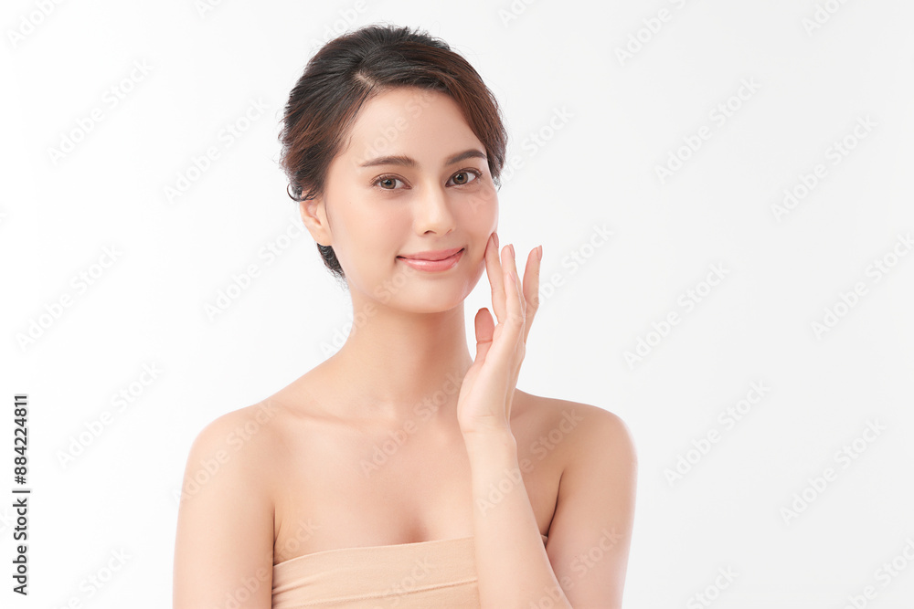 Beautiful young asian woman with clean fresh skin on white background, Face care, Facial treatment, Cosmetology, beauty and spa, Asian women portrait.