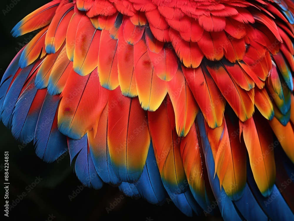 Fototapeta premium A close up of a bird's colorful feathers, with a mix of red, blue.