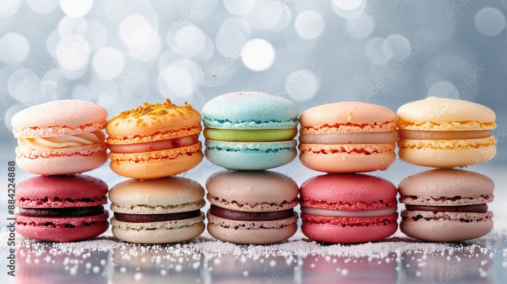 Fototapeta premium Macaroons stacked on top of each other against a silver backdrop with hazy light effects