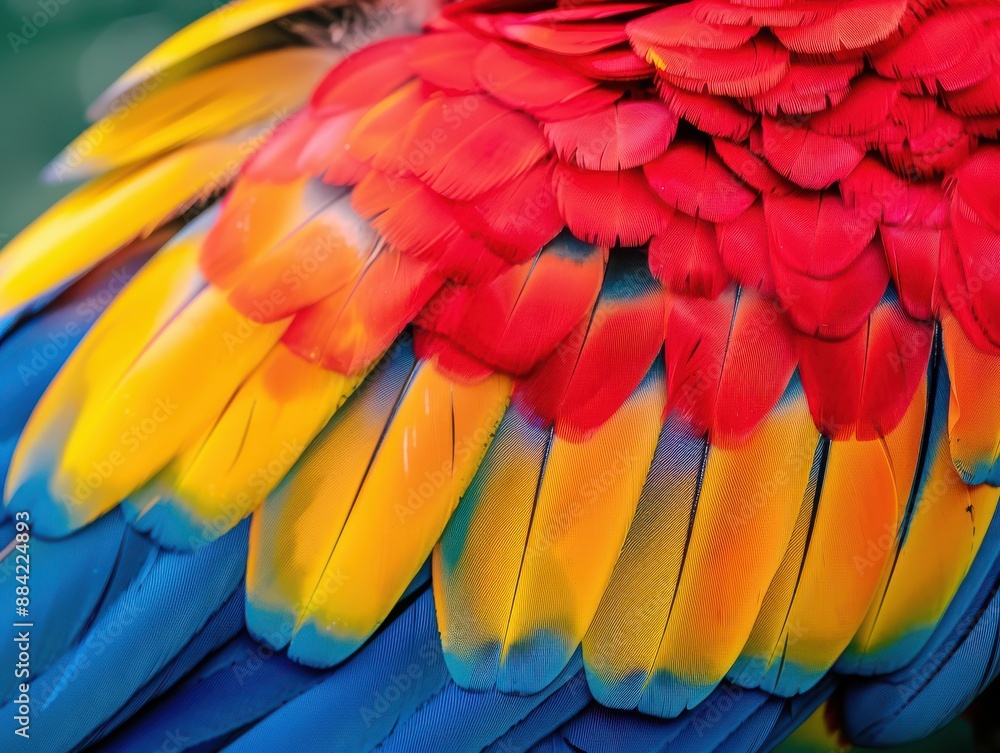 Obraz premium A close up of a bird's colorful feathers, with a mix of red, blue.