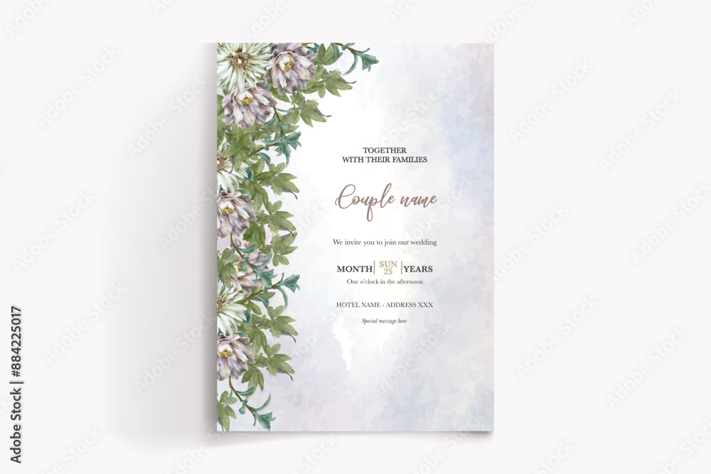WEDDING INVITATION FRAME WITH FLOWER DECORATIONS AND FRESH LEAVES WEDDING INVITATION FRAME WITH FLOWER DECORATIONS AND FRESH LEAVES