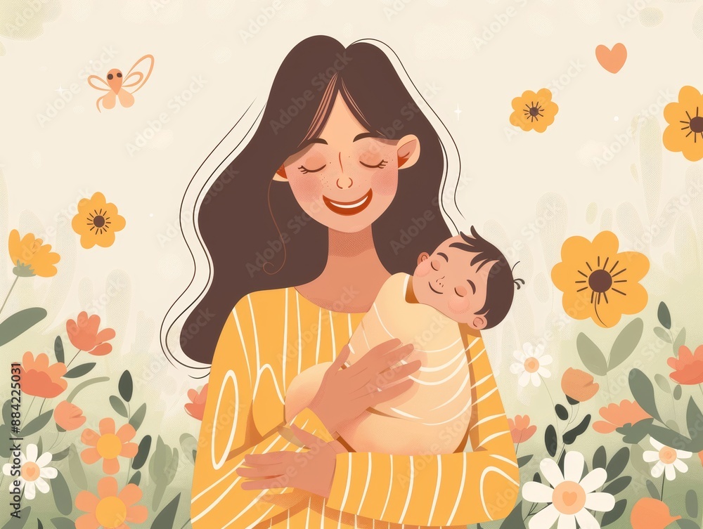 A smiling mother cradles her sleeping baby amidst a blooming field of flowers. The image depicts the joy and love of motherhood. A smiling mother cradles her sleeping baby amidst a blooming field of flowers. The image depicts the joy and love of motherhood.