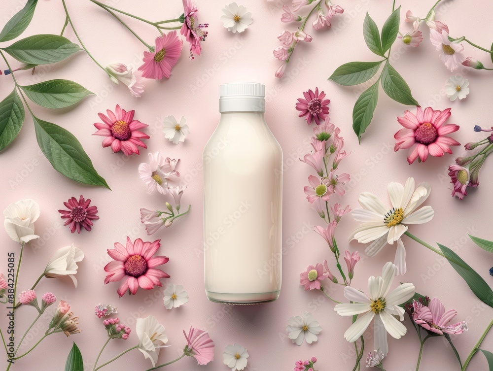 A white bottle of lotion surrounded by pink and white flowers on a pink background. A white bottle of lotion surrounded by pink and white flowers on a pink background.