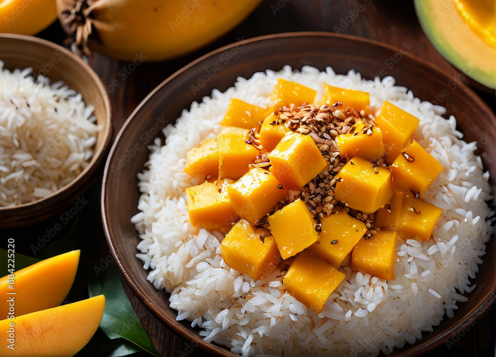 Mango sticky rice served with a drizzle of coconut milk and sesame seeds, seen from a top-down view showing the entire dish. Mango sticky rice served with a drizzle of coconut milk and sesame seeds, seen from a top-down view showing the entire dish.
