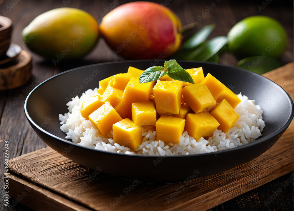 A serving of mango sticky rice with fragrant sticky rice and ripe mango, viewed from a top-down angle to capture the entire plate. A serving of mango sticky rice with fragrant sticky rice and ripe mango, viewed from a top-down angle to capture the entire plate.