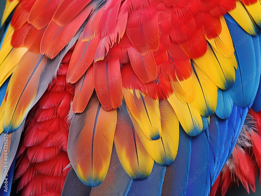 Obraz premium A close up of a bird's colorful feathers, with a mix of red, blue.