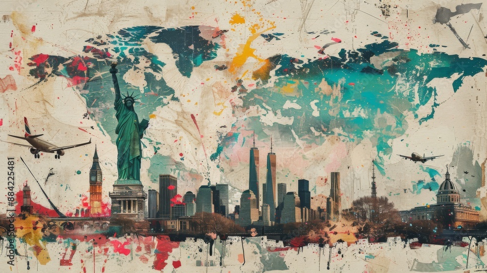 Abstract World Map with Cityscapes and Airplanes Abstract World Map with Cityscapes and Airplanes